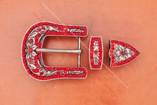 Red Crystal Rhinestone Western Cowboy Rodeo Belt Buckle Set Fit 30MM Strap