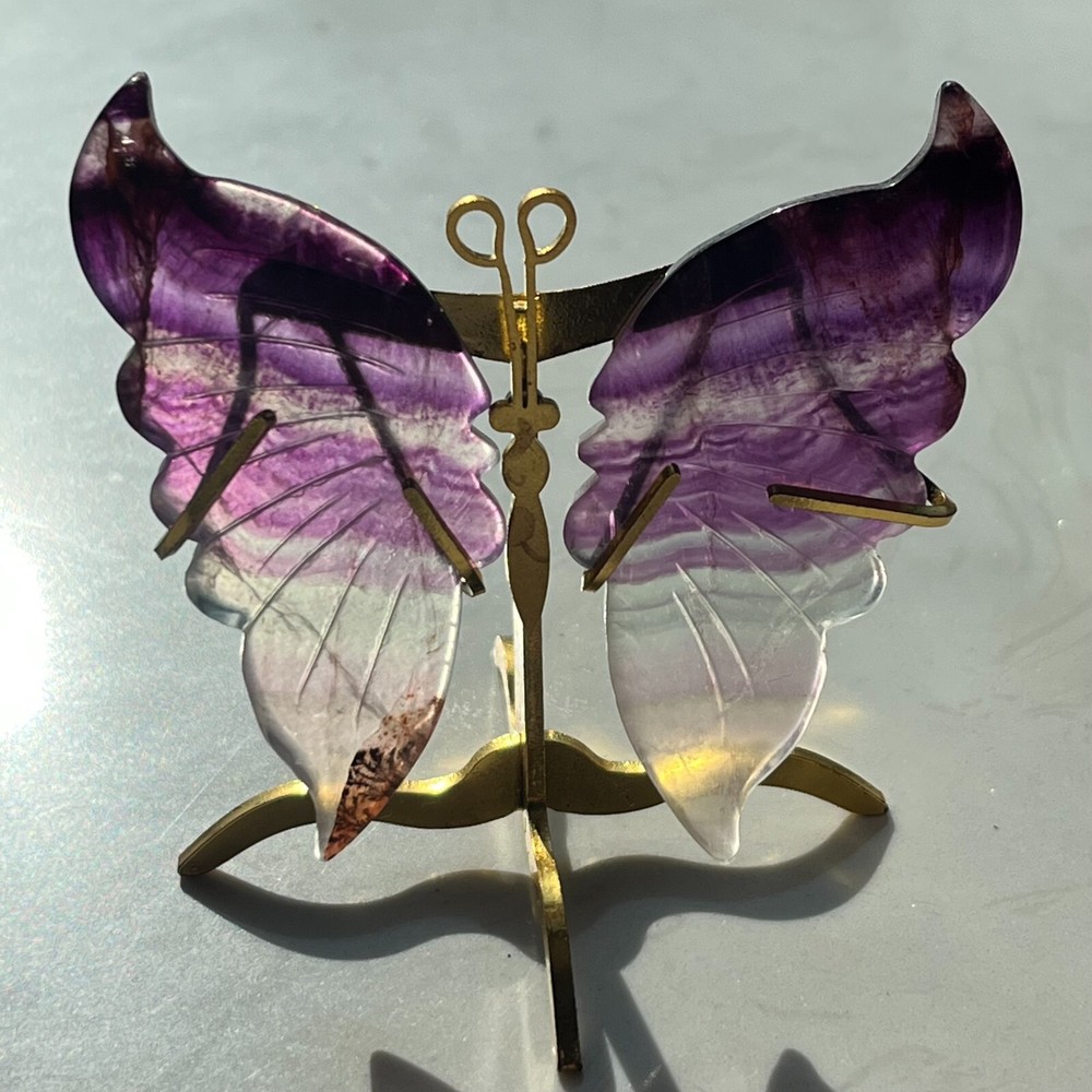 139G Natural Crystal Fluorite Butterfly Wings Healing Statue Decor + Stand