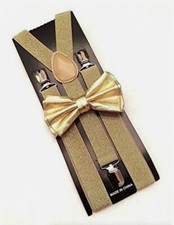 Mens Suspenders and Bow Tie Set Adjustable Elastic Clip On Y One Size Tan