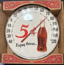 Coca Cola Vintage 5 Cent Wall Thermometer 12 Inch Bottle Advertising Box USA