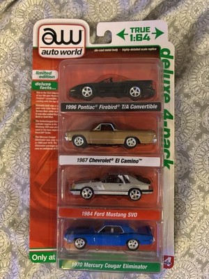 AW Auto World Deluxe 4 Pack Pontiac Firebird Chevrolet Camino Mustang Mercury