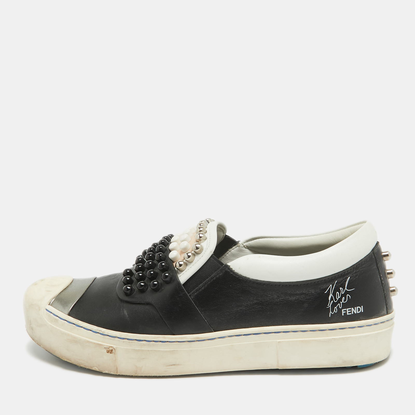 Fendi Black White Leather Studded Karl Lover Slip On Sneakers Size 37 EU