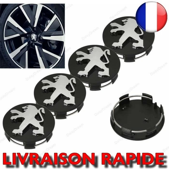 4 Centre Roue Voiture Logo 60mm Peugeot Accessoires Auto Jantes Cache Moyeu NOIR