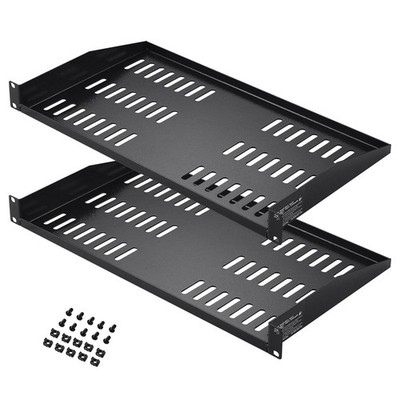 1U Network Rack Shelf (2pcs), 10'' Depth, 50lb Capacity, Perforated Carbon Steel