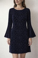 ECI Velvet Burnout Dress XS Black Blue Baroque Bell Sleeve Cocktail Mini