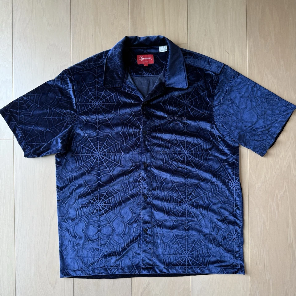 Supreme Spider Web Shirt Medium Blue Velvet Button Up Streetwear New York - Image 2 of 4