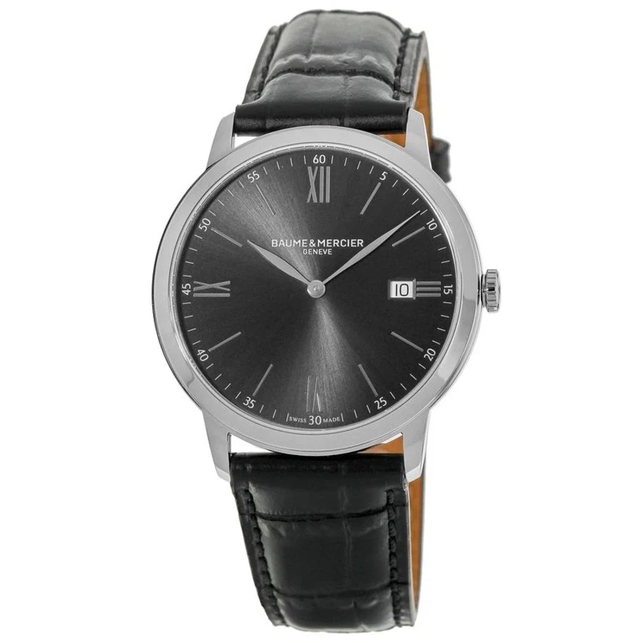 Nuevo reloj Baume & Mercier Classima cuarzo esfera gris cuero negro para hombre 10416