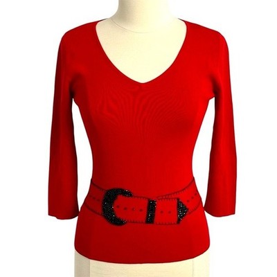 Ruby Rd Women's 3/4 Sleeve V-Neck Beaded Belt Detail Pull-over Red Size XL