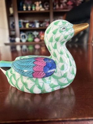 Darling Herend Porcelain Baby Duck Green Fishnet  w/24K Accents Signed Ex Con 2 