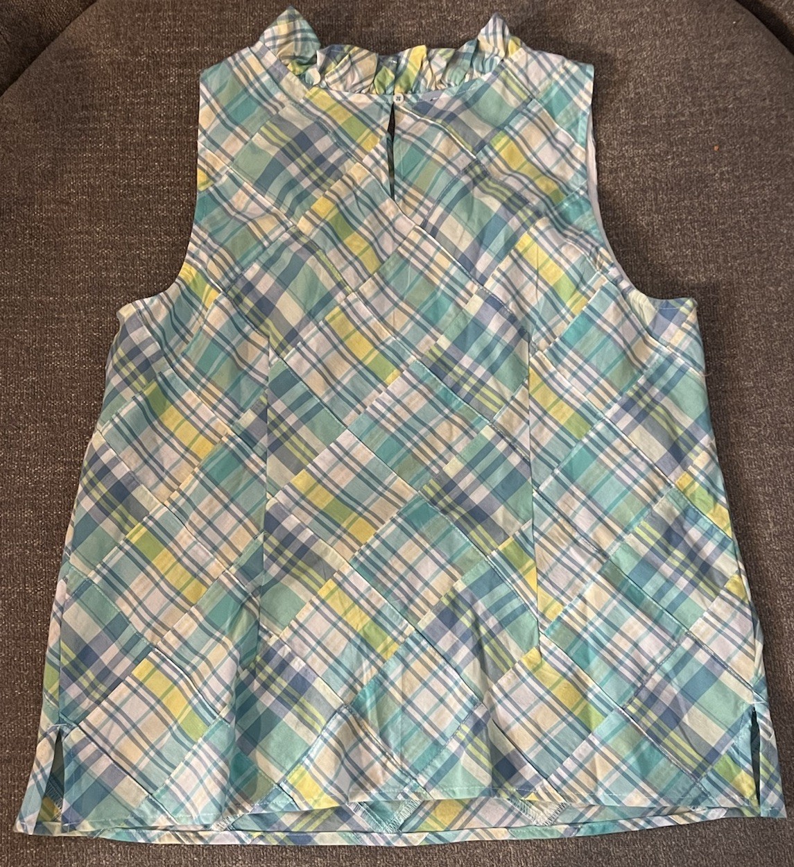 Talbots sleeveless patchwork madras ruffle neck c… - image 2