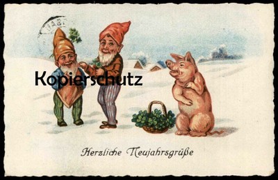 ALTE POSTKARTE ZWERGE & SCHWEIN NEUJAHRSGRÜSSE Zwerg Neujahr New Year Bonne anné