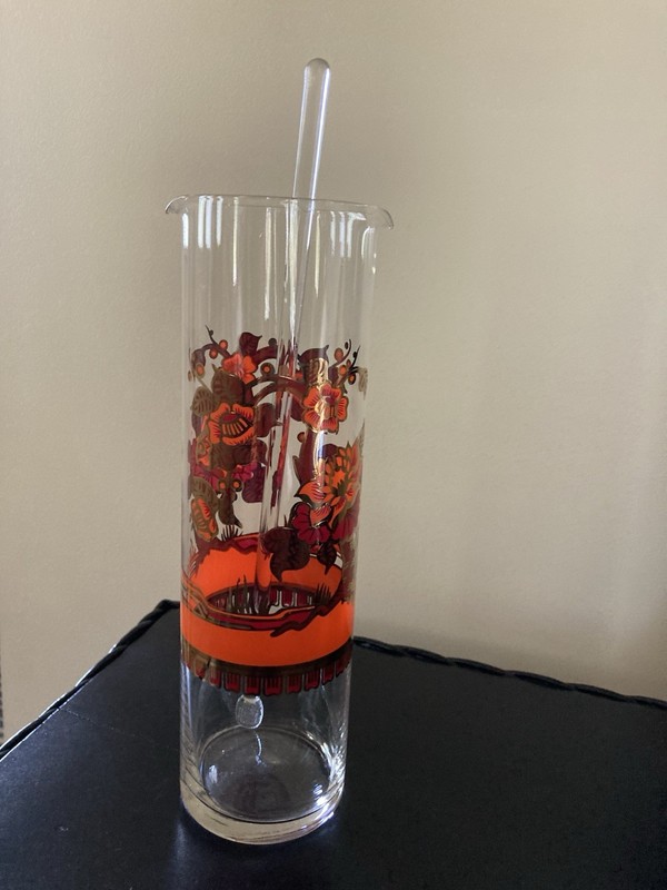 VINTAGE MARTINI PITCHER W/SWIZZLE STICK ORIENTAL DESIGN MARKED WASHINGTON