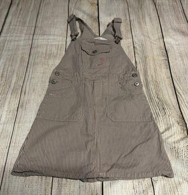 Osh Kosh B'Gosh Beige Striped Denim Overall Dress Embroidered Butterfly Sz 7 Tb2