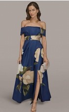 Donna Karan Mikado Off The Shoulder Ball Gown Blue Floral women Size 4 NWOT