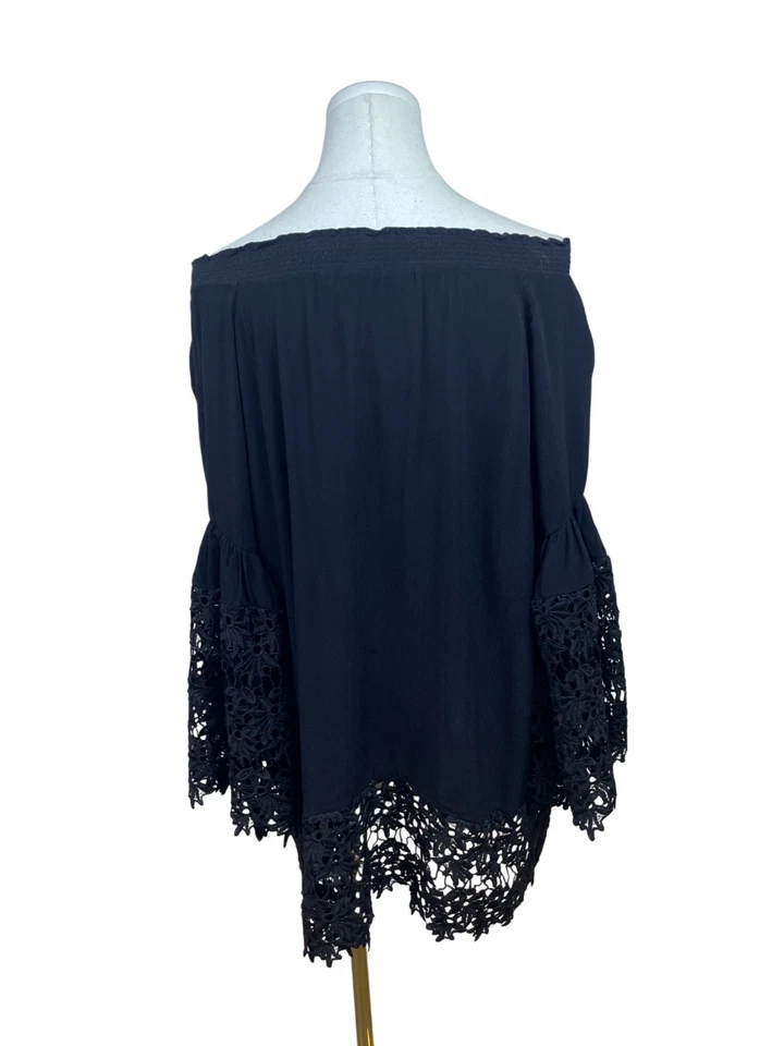 Blusa Colleen Lopez Negra Mujeres Hombro Descubierto Encaje Borde Mangas Campana Fluidas Talla M Foto 4 de 4