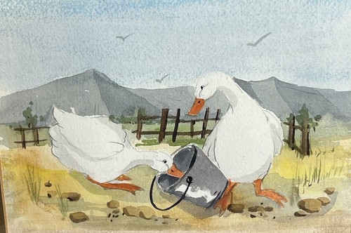 Vintage Watercolor Painting White Goose Geese Bucket Country Barbara Sheldon - Picture 6 of 9