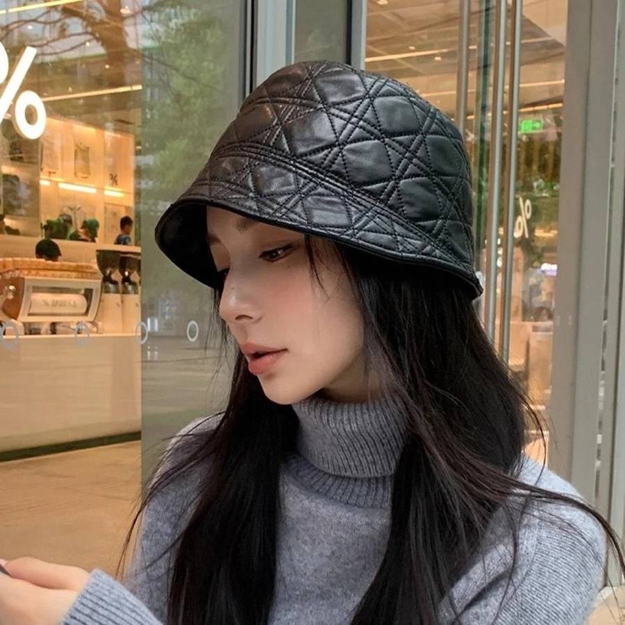 2022NEW Women Genuine Leather Sheepskin Bucket Hat Black Fisherman Trip Cap