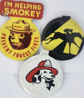 Vintage Fire Prevention Safety Badges Smokey Bear Sparky Jockey Lot of 3