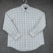 Van Heusen Button Down Shirt Mens Large White Blue Green Plaid Long Sleeve