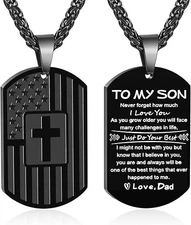 To My Son Gifts from Dad Father Dog Tag Cross Necklace America Flag Pendant C...