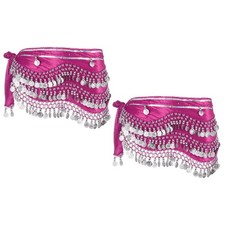 2 Pcs Belly Dance Hip Scarf 59x11" with 248 Silver Coin, Rose Pink