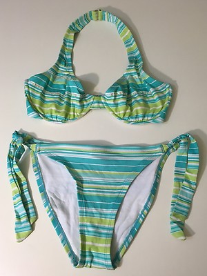 Womens Esprit Beach Aqua Lime Green White Striped Side Tie Bikini Size XS