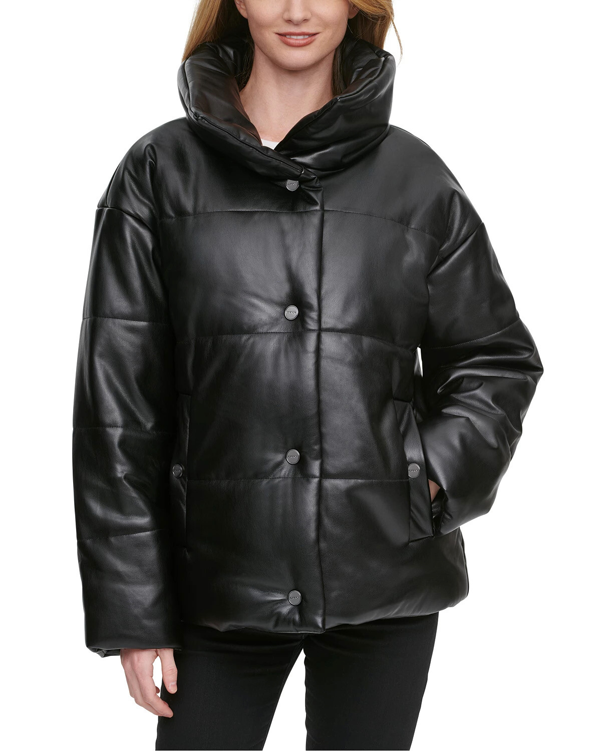 DKNY Womens Faux-Leather Puffer Coat 