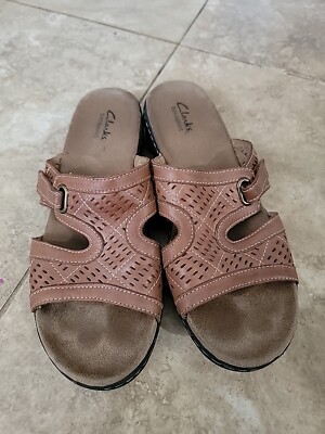 Clarks Sandals Slip On Sandals Brown Leather Strap Flats Open