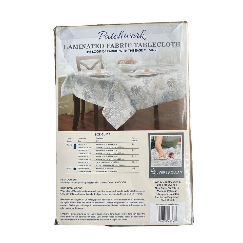 Patchwork Laminated Fabric Tablecloth Wipes Clean Resists Stain 70" Round New! - Image 2 of 2