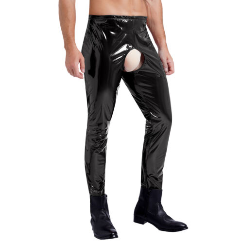 Men's Leather Skinny Pants Zipper Crotch Leggings Tight Motorcycle Biker Pants - Picture 35 of 60