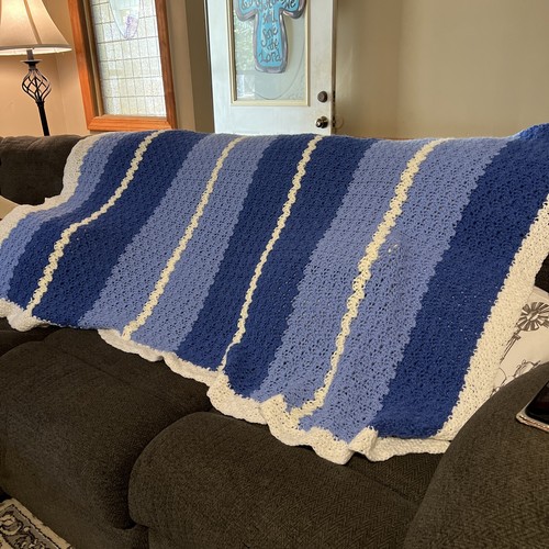 Crochet Blue And White Lap Throw Couch Afghan 78” L x 42” W
