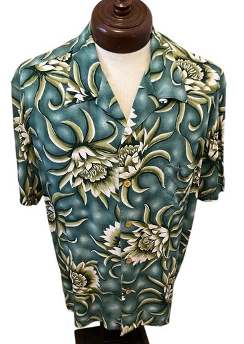 DUKE KAHANAMOKU L Hawaiian Rayon Teal Green Floral Coconut Buttons Pocket Shirt