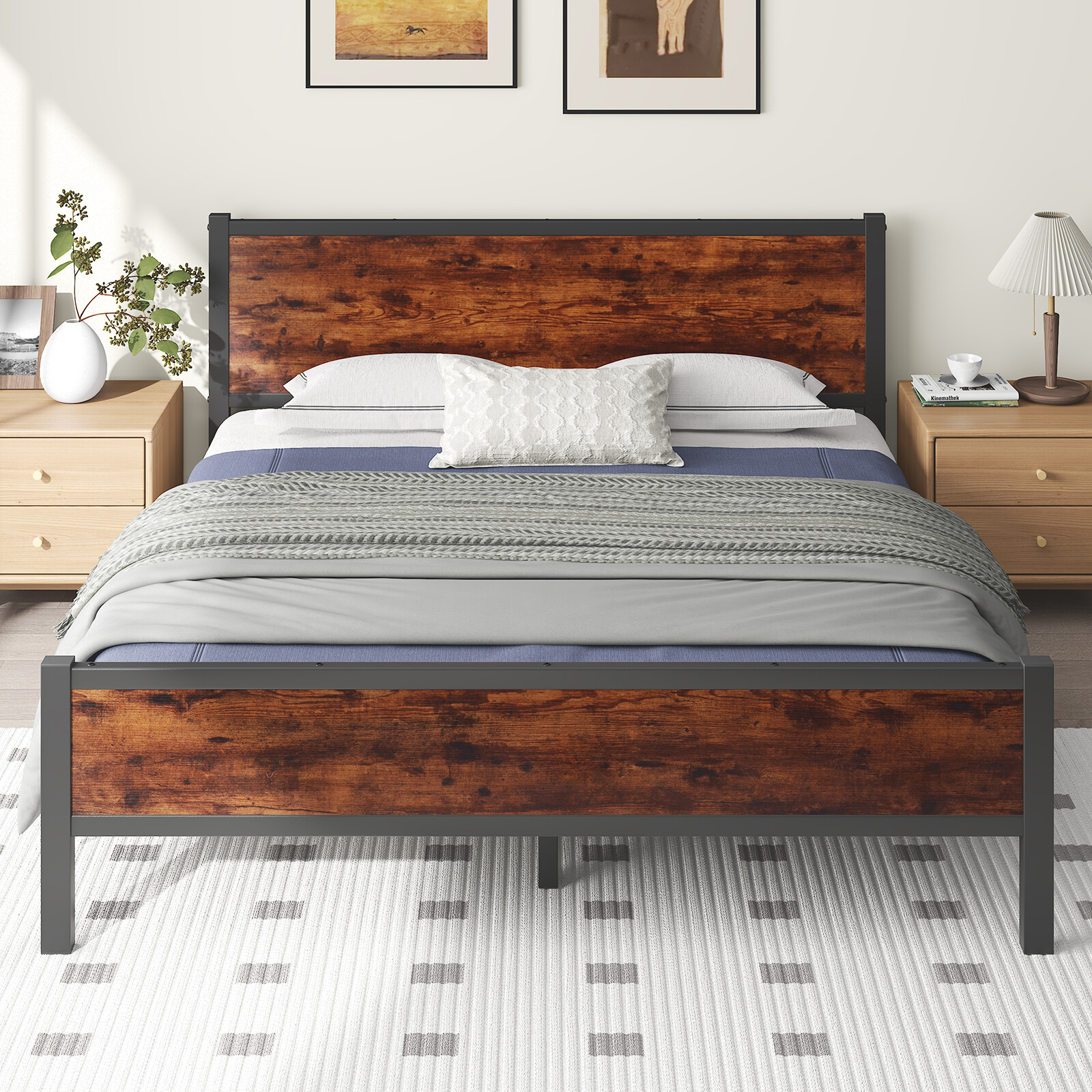 Bed Frame Full/Queen with Brown Wood Headboard-image