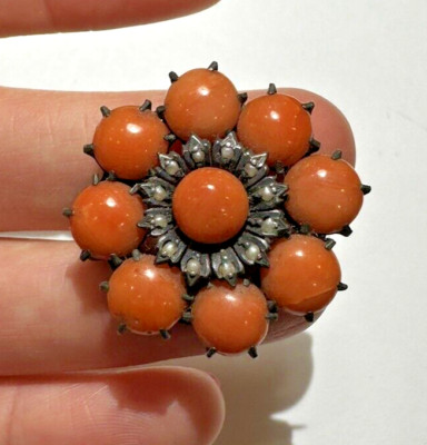 Broche Vintage Fleur En Corail Naturel - Argent 800 - Style Victorien - Rouge/orange - Occasion