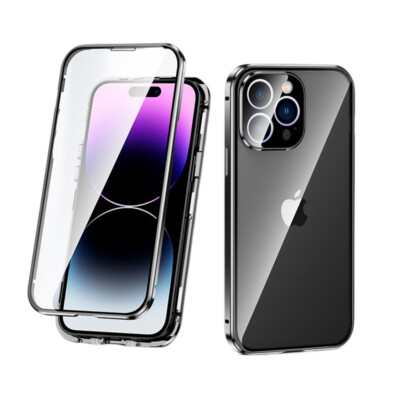 For iPhone 17 16 15 14 Pro Max Case 360° Magnetic Metal Double-sided Glass Cover