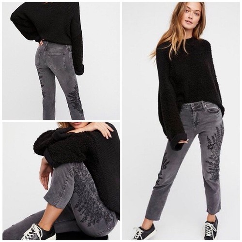 Free People Embroidered Girlfriend Ankle Black Jeans High Rise Raw Hem Sz 29 - Picture 2 of 10