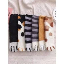 6 Pairs Cat Paw Fuzzy Socks for Women - Cozy Warm Thermal Crew Socks