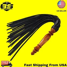 Real Leather Flogger, Black Cowhide Leather 25 Falls Wooden handle Sex