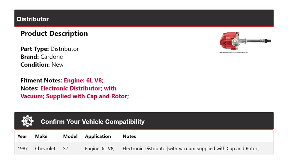 Chevrolet S7 1987 6L V8 distribuidor cardone Foto 2 de 4