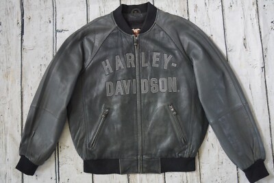 Harley Davidson Men's 100th Anniversary Vintage Gray Black Leather Jacket L