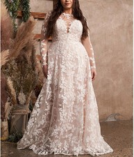 Plus Size Wedding Dresses Long Sleeves Backless Lace Appliques A Line Bride Gown