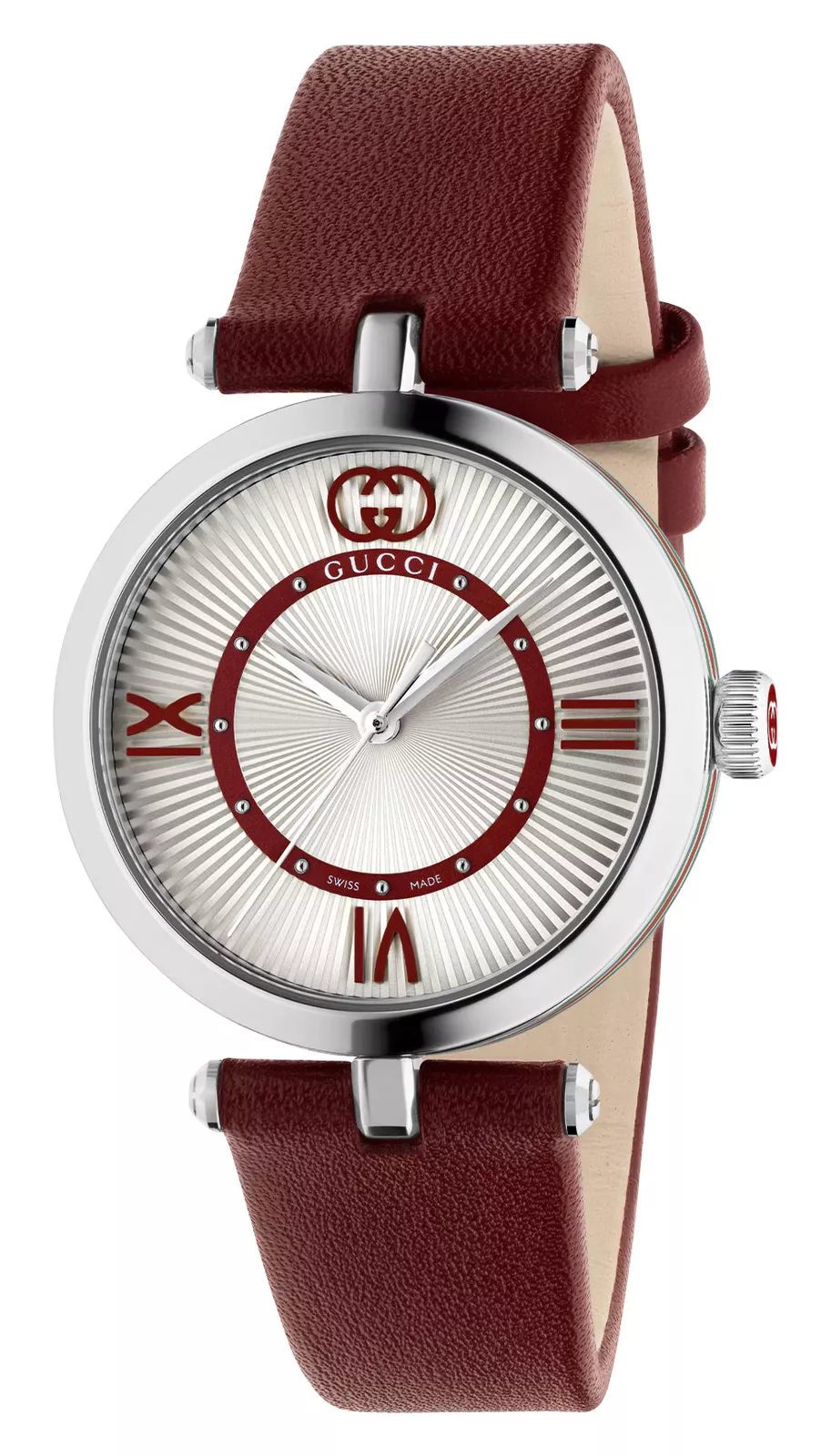 Montre femme Gucci modèle 2000 acier cadran argenté bracelet cuir rouge quartz YA167508