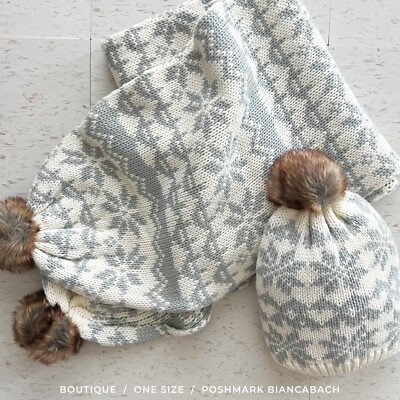 NEW Super Cute Knit Beanie + Scarf Set Snowflake And Pom Pom Details