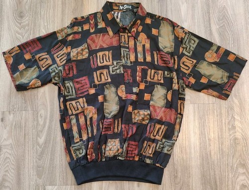 Vintage 70s Alan Stuart Button Up Shirt Mens MEDIUM Disco Geometric Banded Waist