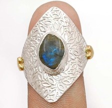 Two Tone Natural Blue Fire Labradorite 925 Sterling Silver Ring Sz 9 B13-5