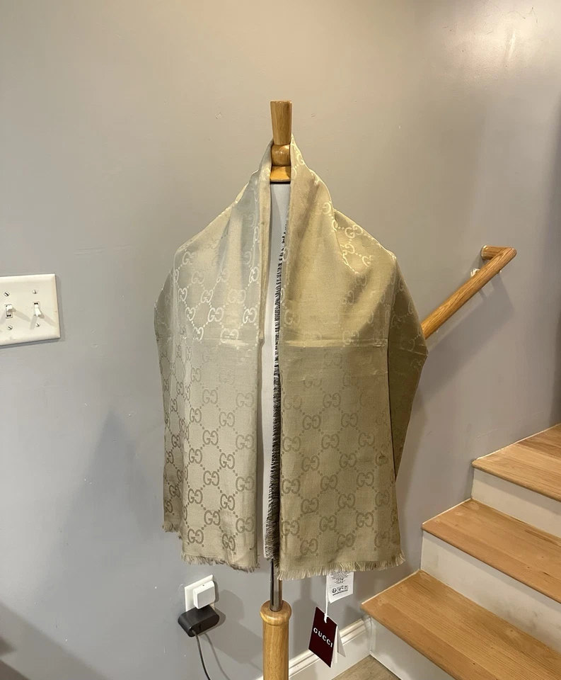 💯% Auténtico! ¡Nuevo! Gucci GG CHAL JACQUARD SEDA Beige y Marrón Bufanda Foto 3 de 4