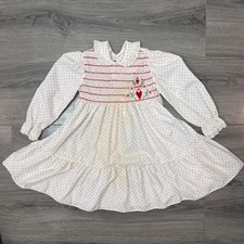 Vintage Polly Flinders Hand Smocked Heart Polka Dot Dress White/Red Kids Size 4