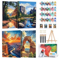 4 Pack Framed Paint by Numbers Kit for Adults Beginner with Wooden Easel, Nat...