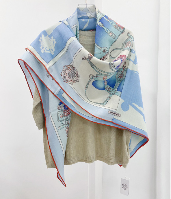 70% Cashmere 30% Silk Bandana Shawl Blue vase Print Scarf Neckerchief 53'' wrap
