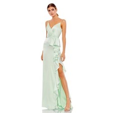 Mac Duggal Pistachio Satin Ruffled Asymmetrical Gown Size 12 67815 NWT NEW Maxi